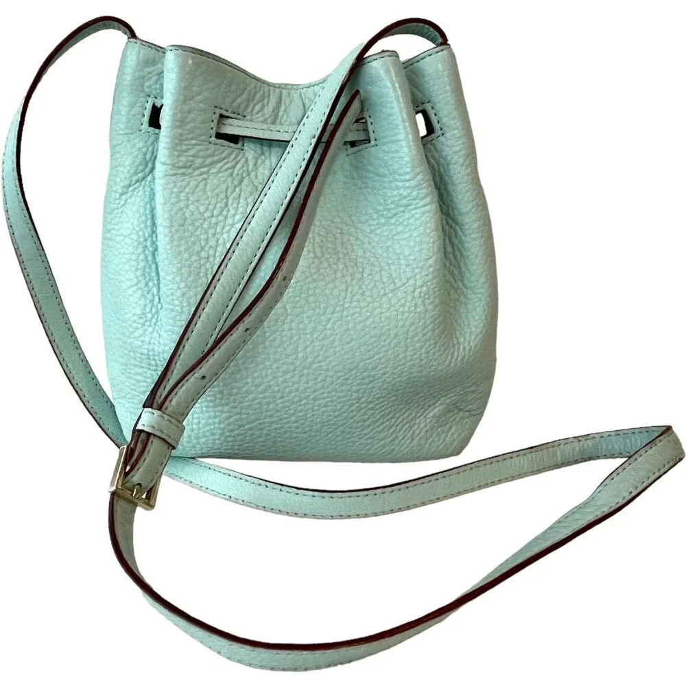 Kate Spade Copper Drawstring Bucket Bag Small Crossbody Strap Lined Light Blue